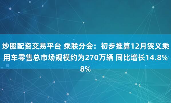 炒股配资交易平台 乘联分会：初步推算12月狭义乘用车零售总市场规模约为270万辆 同比增长14.8%